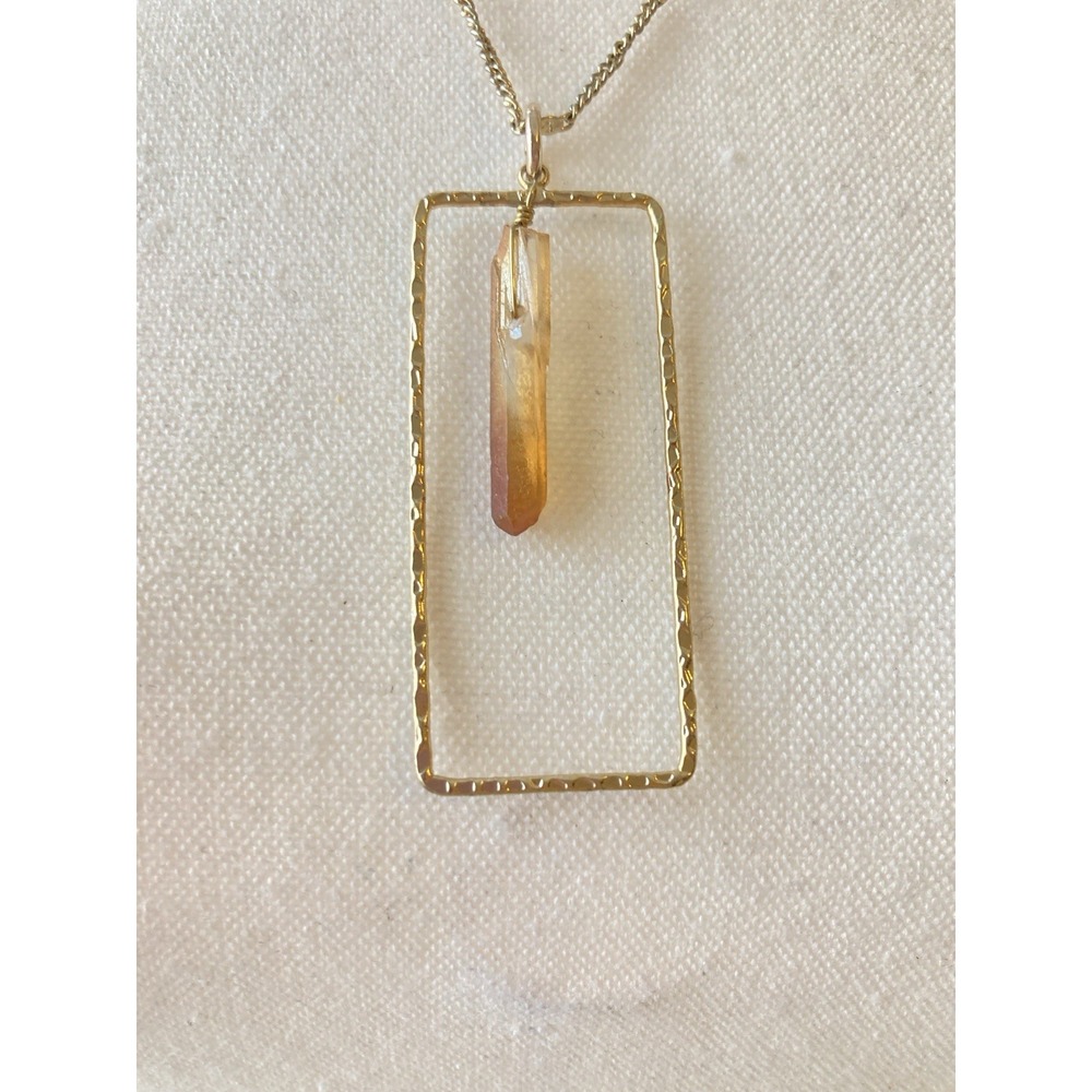 Gold Tone Geometric‎ Rectangle Pendant Necklace Peachy Crystal Spike Romantic